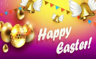 Easter card with painted golden eggs, bells with wings. vector