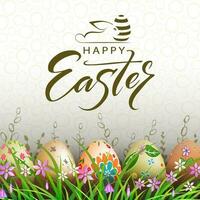 Easter light composition, eggs with a beautiful pattern in the grass with flowers. vector