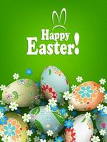 Easter green texture composition with eggs with a beautiful different pattern and flowers. vector