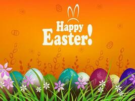 Easter orange composition, multi-colored eggs are drawn in the grass with flowers. vector