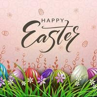 Easter composition, colorful eggs with a beautiful wavy pattern in the grass with flowers. vector