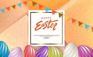 Easter orange composition, square white frame with gold border, eggs with wavy pattern. vector