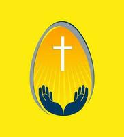 Yellow hover easter egg silhouette with cross and hands, design element. vector