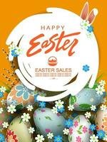 Orange greeting card with abstract round white frame, Easter eggs and flowers. vector