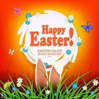 Easter orange design, abstract round frame, bunny ears in the grass. vector