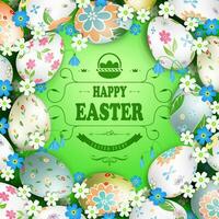 Easter green composition with beautiful eggs and flowers drawn by a round wreath, frame. vector