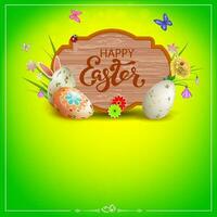 Pascua de Resurrección composición de verde color con un Rizado marco, Pascua de Resurrección huevos, césped con flores, mariposas y Conejo orejas. vector