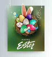 Easter green design with nest, patterned eggs, bunny ears and willow twig. vector