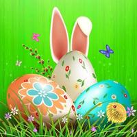 Easter composition of green color with a silhouette of a board, three eggs with grass, flowers and butterflies. vector