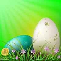 Easter green composition with a white and turquoise egg with a pattern, grass and flowers. vector