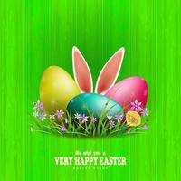 Pascua de Resurrección huevos con Conejo orejas y sauce rama, verde color composición con césped y flores vector
