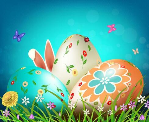 Blue Easter composition with three eggs, rabbit ears, grass with flowers and butterflies.