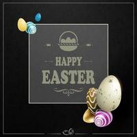 Black textured Easter composition with a square frame with a basket, a silhouette of eggs of various colors. vector