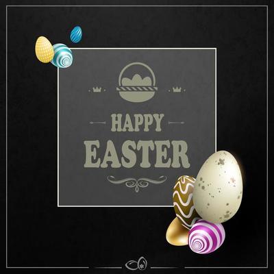 Black textured Easter composition with a square frame with a basket, a silhouette of eggs of various colors.