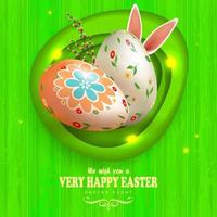 Easter eggs with a pattern of rabbit ears and a willow branch, green composition with a silhouette of a board, oval abstract frame. vector