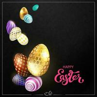 Black textured Easter composition with a square frame and eggs of various colors. vector