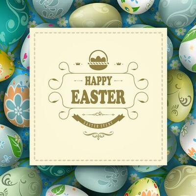 Easter composition with a square frame with interwoven braid, a set of Easter eggs of various patterns.