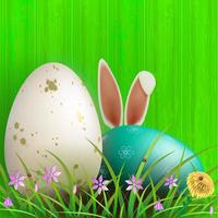 Easter green composition with wood pattern, white and turquoise egg, grass and flowers. vector