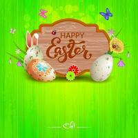 Green Easter composition with a curly frame with a silhouette of a board, Easter eggs with bunny ears. vector