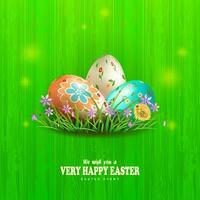 Easter composition of green color with a silhouette of a board, three eggs with grass and flowers. vector