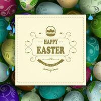 Easter composition with a square light frame with interwoven braid and a set of Easter eggs. vector