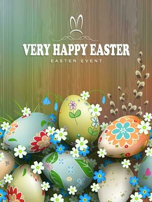 Easter composition with a silhouette of a board, eggs with a diverse pattern, flowers and willow branch.