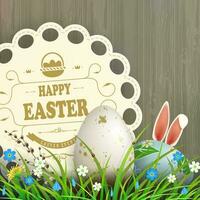 Easter composition with a round curly frame with sewn braid, eggs and rabbit ears. vector