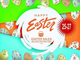 Abstract round white frame, illustration with Easter eggs with a pattern, slanting curtains. vector