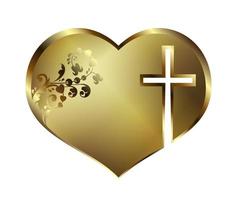 Silhouette of a heart with a golden hue with a cross and an ornament. vector