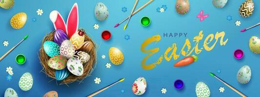 Easter blue composition with eggs in the nest, rabbit ears, brushes and paints. vector