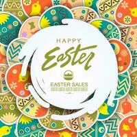 Abstract round white frame, illustration with Easter beautiful eggs and with a cute pattern. vector