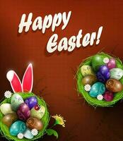 Easter brown card with a nest and painted eggs, rabbit ears. vector