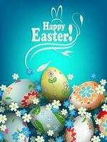 Easter blue composition with eggs with a beautiful different pattern and colors in white and blue. vector