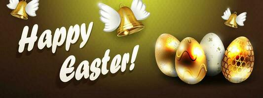 Composition with Easter golden eggs, bells with wings. vector