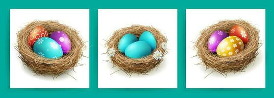 Lovely Easter eggs in a straw nest, design element. vector