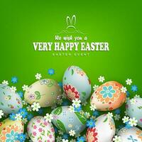 Easter green composition with eggs with different patterns and colors. vector