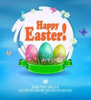 Easter blue design, round white abstract frame, patterned eggs, flowers and grass. vector