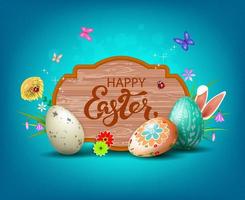 Light blue Easter composition with a frame with a tree silhouette, eggs of various colors, rabbit ears and butterflies. vector