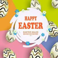 Easter composition with abstract round white frame, round egg frame with wavy pattern. vector