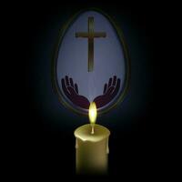 Dark easter composition with the silhouette of a white egg with a cross and hands, a burning candle with dull smoke. vector