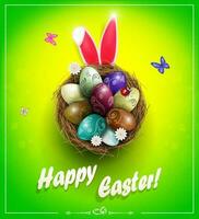 Easter green composition with nest and eggs, rabbit ears. vector