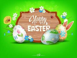 Easter green composition with a curly frame, beautiful eggs, flowers and rabbit ears. vector