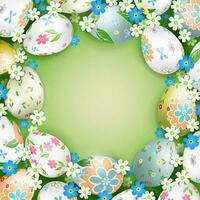 Easter light green composition with beautiful eggs and flowers drawn by a round wreath, frame. vector