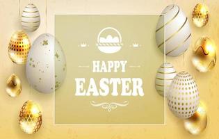 Light Easter composition of a yellow shade with a set of eggs on pendants, with a different pattern of white and gold. vector