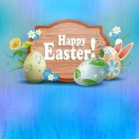 Easter composition in a light blue hue with a curly brown frame, eggs and rabbit ears, spring flowers with a willow twig and grass. vector