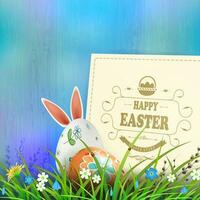 Easter composition in a light blue hue with a square frame, eggs and rabbit ears, spring flowers with willow twig and grass. vector