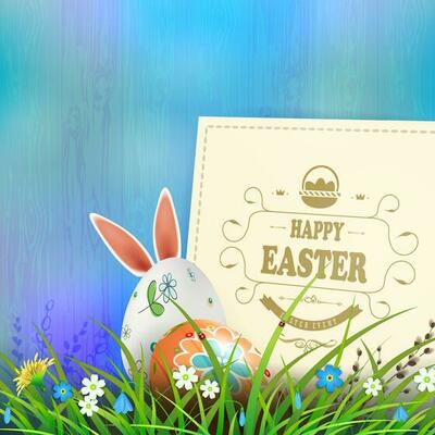 Easter composition in a light blue hue with a square frame, eggs and rabbit ears, spring flowers with willow twig and grass.