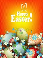 Orange composition with a set of wonderful Easter eggs with grass and flowers. vector