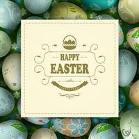 Easter composition with a square frame with interwoven braid and a set of Easter eggs. vector