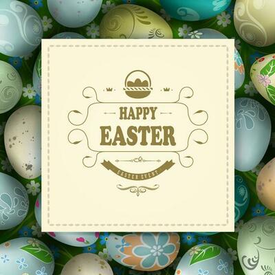 Easter composition with a square frame with interwoven braid and a set of Easter eggs.